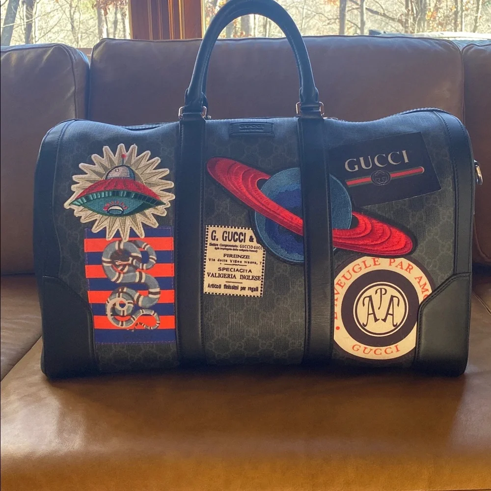 Gucci Limited Edition Supreme Patches Duffel Bag Travel Bag Black Gray RARE